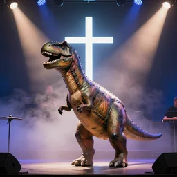 Barney the Dinosaur leads a modern worship service, backlit, dramatic stage lighting, fog, neon cross
