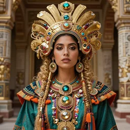 vertical photo closeup of traditionally dressed aztec female in glorious palace, blonde, curly hair, symmetrical beautiful face, freckles, cyberpunk jewelry, native costume and accessories, standing in the ancient clothing, fashion editorial photography, hyperrealistic, from vogue magazine, reflections, refraction, gold, teal, orange