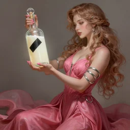 a beautiful years old chatain hair woman in a pink - red long dress with silver rings and pink nails \ she makes levitate precious transparent bottle filled with ivory white liquid and a black sticker on it. fantasy, intricate, elegant, highly detailed, digital painting, artstation, concept art, matte, illustration