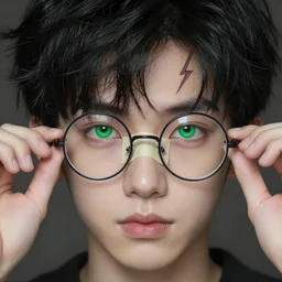 boy thin face, black hair, and bright green eyes. wearing round glasses held together with a lot of scotch tape, lightning bolt scar on forehead, hyper realistic face, beautiful eyes, fantasy art, in the style of greg rutkowski, intricate, hyper detailed, smooth