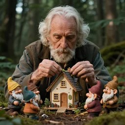 movie scene portrait closeup, real life team of tiny gnome people building a tiny house in the forest natural lighting by emmanuel lubezki