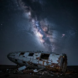 destroyed space ship in the blank starry night sky with a sight of nebula behind