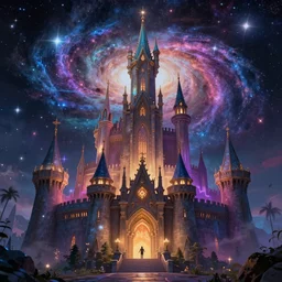 high fantasy castle, galaxy, stars, colourful, magical, mythical, digital art, trending on art station, by artgerm