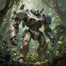 a painting of a gigantic mech in the middle of a jungle, a detailed matte painting by christophe vacher, cgsociety contest winner, fantasy art, matte painting, matte drawing, hires render, hirs, 8 k, 4 k