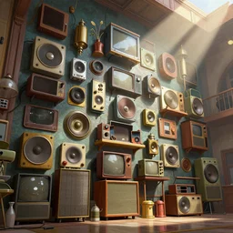 a wall of retro and vintage items, groovy architecture, highly detailed digital painting, concept art by yongfei liu, alben tan, vance kocas, octane rendered, low angle, god rays, cg society, unreal engine