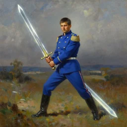 man in a blue uniform wielding a huge, glowing ornate sword. oil painting, beautiful, landscape