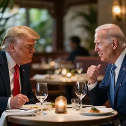 Trump and Biden having dinner at a fancy Balinese restaurant, award winning photography, sigma 85mm Lens F/1.4, blurred background, perfect faces
