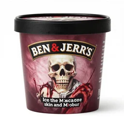 ice cream of the macabre skin and bones flavour, ben and jerrys container, product, flesh, blood, evil, horror