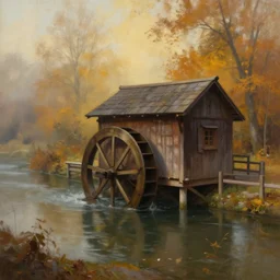 painted by ismail inceoglu, this is a false dream. on the bank of the seine river in autumn, there is a wooden hut with picturesque scenery, water wheels, gloomy atmosphere, fantasy, warm and lonely, mist, atmospheric light, trending on artstation, large strokes, digital painting