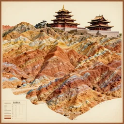 a geological chart with layers of colourful strata fused with a temple