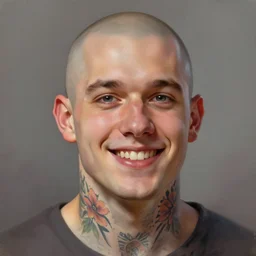 a head - on detailed oil portrait of a young handsome round - faced smiling bald man with floral tattoos on his neck, by charlie bowater, lise deharme, wlop, trending on artstation, dungeon and dragons art, critical role