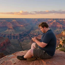 romantic painting, wide shot of a chubby man in wearing a t - shirt and jorts ( looking at his cellphone )!!!!!! in front of a the grand canyon at sunrise, highly detailed, sublime, hyperrealistic, painted by caspar david friedrich and albert bierstadt, trending on artstation 8 k