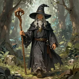 detailed illustration of a wizard wearing a large brimmed hat and tattered robes walking through the forest holding a flowering wooden staff