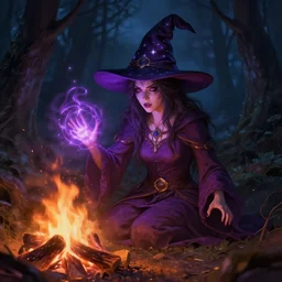 female wizard with detailed face in a starry wizard hat casting a soothing purple spell near a crackling campfire at night in the woods, dramatic light and particle effects, digital painting, artstation style, beautiful detailed background, haunting, danger