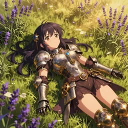 anime girl with steampunk armor laying in a grassy field, cinematic lighting, beautiful, lavender flowers, golden hour, extremely detailed, anime, soft colors,