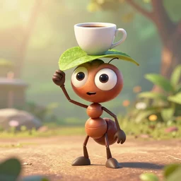 a funny ant character with big eyes holding one cup of coffee on top of a leaf at a sunny morning. pixar disney 4 k 3 d render movie oscar winning trending on artstation and behance. ratatouille style.