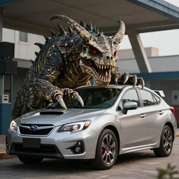 photo of the deathclaw monster inside the subaru car