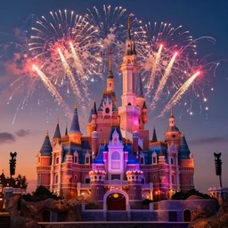 concept art of disneyland castle, synthwave, sunset, fireworks, neon, hayao miyazaki, studio ghibli