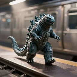 a small godzilla running in a subway, photorealistic, macro lens, close-up