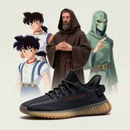 franciscan monk wearing yeezys by Range Murata, Katsuhiro Otomo, Yoshitaka Amano, and Artgerm. 3D shadowing effect, 8K resolution