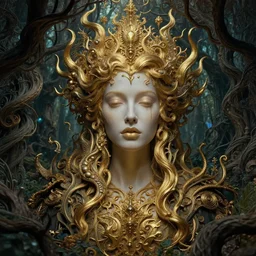 cinestill 5 0 d depht of field of a beautiful woman by roversi, from a dream in a fantasy garden in a dark twisted forest, intricate details, epic scale, insanely complex, 8 k, sharp focus, hyperrealism, pale gold matt, head in focus, sharp focus, caspar friedrich, greg rutowski, james gurney