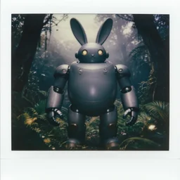 dark night giant oversized battle rabbit robot chubby fatmech with big ears, in jungle forest, full body, nighttime, cinematic focus, polaroid photo, vintage, neutral dull colors, soft lights, foggy, overcast by oleg oprisco, by thomas peschak, by discovery channel, by victor enrich, by gregory crewdson