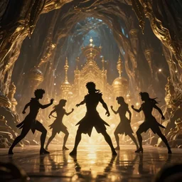 almost silhouette of 5 disney fantasy characters fight with magic in big cave, action scene, lumen reflections, sharpened, insanely detailed and intricate, hypermaximalist, elegant, ornate, hyper realistic, super detailed, digital art, bokeh blur