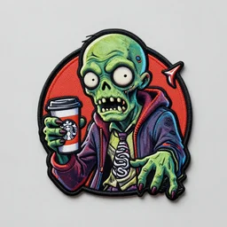 patch logo design, zombie holding coffee cup, high detail spiral design, retro futurist