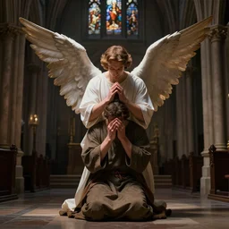 angel protecting man who is praying inside a gothic church, studio light, 4K highly detailed, realistic style, playing with with light and dark