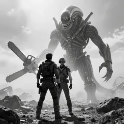 black and white, haze, michael beihn as hicks from aliens, colonial marine, prometheus monster, chainsaw