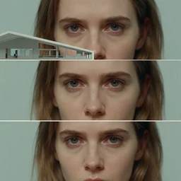 beautiful three point perspective film still of holly herndon in merce cunningham, extreme closeup portrait in style of frontiers in blade runner miniature photography fashion architectural neon art studio edition, real - life porcelain statue in victorian glass jar, pursed lips, anatomically correct, pointe pose, tilt shift background, sharp focus, panavision, 8 k, macro, cinematic style, split screen