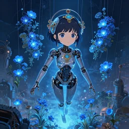 detailed, sharp, dreaming humanoid female automata with big eyes wearing chinese ornament suspended by wires surrounded by glowing blue flowers and flora floating above a dystopia by Ilya Kuvshinov and Anna Dittmann and studio ghibli and WLOP and Rossdraws, digital art, surreal, trending on artstation, anime arts, featured on Pixiv, blue lighting, HD, 8K, highly detailed, good lighting, beautiful, epic, masterpiece