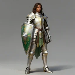 full body portrait of a rugged female warrior dark skin medium length brown hair and a very highly detailed face wearing elegant white, green and gold plate mail armor intricately painted, holding a huge shield, very highly detailed, artstation, realistic character concept art, sharp focus, by greg rutkowski, and magali villeneuve