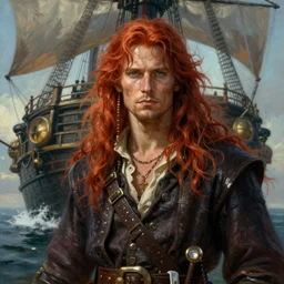 epic fantasy portrait painting of a long haired, red headed male sky - pirate in front of an airship in the style of the king killer chronicles