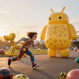 daft, ridiculous, joyous, yayoi kusama being chased by a giant ballon dog, nendroid, during golden hour. extremely silly in style of butcher billy.