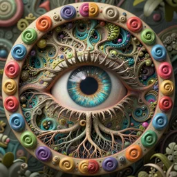 circular border with curly symmetrical designs colorful 3 d eye, psychedelic, concept art, nature, fractals, depth of field, roots, fluid simulation in houdini, subsurface scattering, volumetric, natural muted tones, trending on artstation, rendered in octane, cgsociety