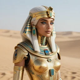 girl in egypt, egyptian cyborg armor, white hair, atmosphere, gold, detailed, intricate, desert, beautiful face, cinematic lighting, trending on artstation, blue eyes, 4 k, focused, extreme details, cinematic, masterpiece, by akihito tsukushi