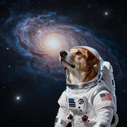 A dog in a spacesuit in awe at the beauty of the universe 4k