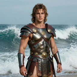full body portrait of aaron taylor johnson as a gladiator. background splashing ocean waves. detailed face, concept art, intricate, highly detailed 8 k, smooth, sharp focus, handsome and aesthetic shape of face and body, artgerm, artstation, art by zexi guo and nira and junpei suzuki and gharliera and rinotuna