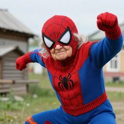 stunning photograph of ( ( ( ( granny spiderman ) ) ) ) in rural russia town, knitted red blue suit, closeup, dynamic pose, closeup, aperture 1. 2