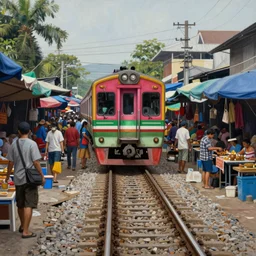 focusing on a train approaching on train tracks through a busy street market, maeklong railway market, market stalls, a hyperrealistic painting by ryan yee, shutterstock contest winner, magical realism, cluttered, behance hd, photorealistic
