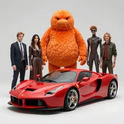 a clockwork orange droog gang designed by moebius hr giger and a red pininfarina sportscar