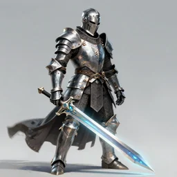 medieval cyberpunk knight equipped in full armor brandishing an enchanted magic glowing sword, 4k, fantasy