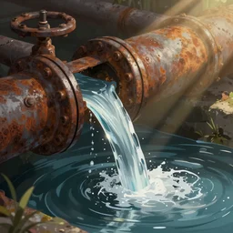 water is constantly flowing through cracks in the rusted pipes, extremely detailed, cinematic lighting, illustration, digital art, crepuscular ray, trending on artstation, art by wlop and greg rutkowski