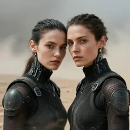 cinestill 5 0 d candid photographic portrait by steve mccurry of two loving female androids wearing rugged black mesh techwear on a desolate plain, extreme closeup, modern cyberpunk, dust storm, 8 k, hd, high resolution, 3 5 mm, f / 3 2, ultra realistic faces, ex machina