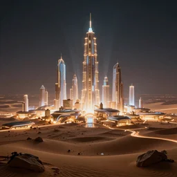futuristic glowing desert metropolis, beautiful dynamic lighting, cinematic, wide angle establishing shot, extremely high detail, photo realistic, cinematic lighting, post processed, concept art, artstation, matte painting, style by eddie mendoza, raphael lacoste, alex ross, volumetric lighting, light rays, photorealistic, ultrarealistic, moody, coronarender, 8k