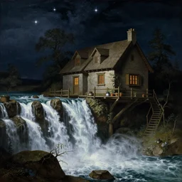 a renaissance painting of a cottage teetering over a giant waterfall, the night is dark and cold and the stars are shinning bright
