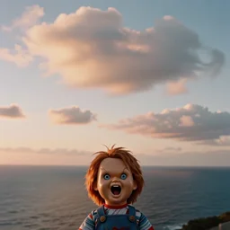 sunset clouds with an ocean in the background and a screaming chucky doll at bottom by greg rutkowski cinematic 3 5 mm film