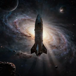a derelict rocket floating on the edge of a dark nebula with a spiral galaxy in the background, planets and stars, debris asteroids scrap metal, silhouette, close up, crepuscular rays, dramatic lighting, cinematic, fantasy science fiction, style of 1 9 7 0 s alien, spooky, moody, octane render 4 k