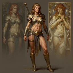 portrait of a full body of beautiful female warhammer, d & d, fantasy, arcane, flat lighting, intricate, muscular, highly detailed, digital painting, artstation, concept art, smooth, sharp focus, illustration, art by simon bisley and greg rutkowski and alphonse mucha, natural tpose